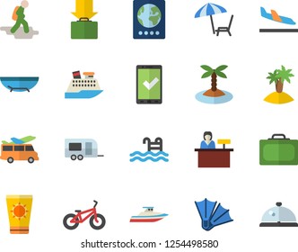 Color flat icon set bicycle flat vector, pool, trailer fector, hike, suitcase, passport, check in, arrival, get luggage, sea beach, chaise lounge, sun protection cream, island, flippers, transfer