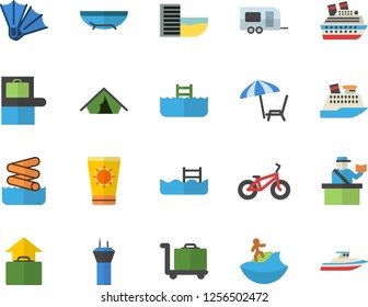 Color flat icon set bicycle flat vector, pool, trailer fector, airport tower, baggage claim, passport control, tent, hotel first line, hand luggage, sea beach, chaise lounge, sun protection cream