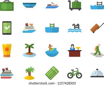 Color flat icon set bicycle flat vector, pool, hike fector, luggage, suitcase, check in, sea beach, sun protection cream, island, surfing, trolley, reception desk, water scooter, cruise ship, jingle