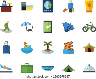 Color flat icon set bicycle flat vector, hike fector, luggage, suitcase, passport, check in, tent, hotel first line, arrival, sea beach, chaise lounge, sun protection cream, island, surfing, jingle