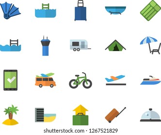 Color flat icon set bicycle flat vector, pool, trailer fector, airport tower, luggage, check in, tent, hotel first line, departure, hand, sea beach, chaise lounge, island, flippers, transfer, jingle