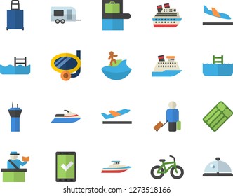 Color flat icon set bicycle flat vector, pool, trailer fector, airport tower, luggage, baggage claim, passport control, check in, arrival, departure, surfing, swimming mask, water scooter, yacht