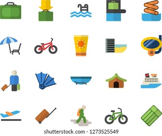 Color flat icon set bicycle flat vector, pool, hike fector, luggage, suitcase, baggage claim, tent, hotel first line, departure, get, sea beach, chaise lounge, sun protection cream, swimming mask