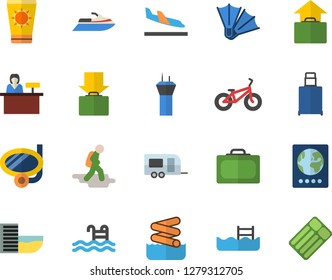 Color flat icon set bicycle flat vector, pool, trailer fector, airport tower, hike, suitcase, passport, hotel first line, arrival, get luggage, hand, sun protection cream, swimming mask, flippers