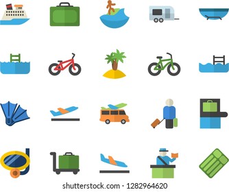 Color flat icon set bicycle flat vector, pool, trailer fector, luggage, suitcase, baggage claim, passport control, arrival, departure, sea beach, island, surfing, swimming mask, flippers, trolley