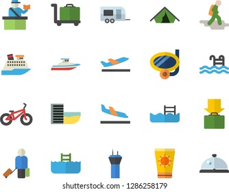 Color flat icon set bicycle flat vector, pool, trailer fector, airport tower, hike, luggage, passport control, tent, hotel first line, arrival, departure, get, sun protection cream, swimming mask