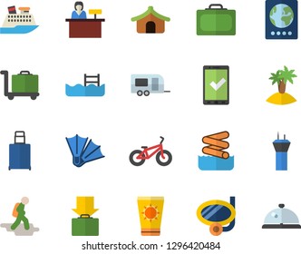 Color flat icon set bicycle flat vector, pool, trailer fector, airport tower, hike, suitcase, passport, check in, tent, get luggage, sun protection cream, island, swimming mask, flippers, aquapark