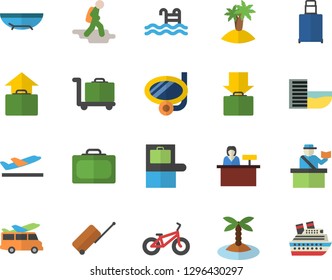 Color flat icon set bicycle flat vector, pool, hike fector, luggage, suitcase, baggage claim, passport control, hotel first line, departure, get, hand, sea beach, island, swimming mask, trolley
