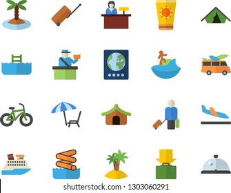 Color flat icon set bicycle flat vector, luggage fector, passport control, tent, arrival, get, chaise lounge, sun protection cream, island, surfing, aquapark, pool, transfer, reception desk, jingle