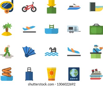Color flat icon set bicycle flat vector, pool, trailer fector, hike, suitcase, passport control, hotel first line, arrival, departure, get luggage, sun protection cream, island, swimming mask