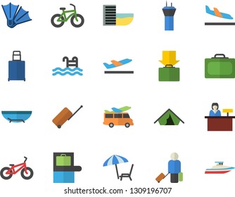 Color flat icon set bicycle flat vector, pool, airport tower vector, luggage, suitcase, baggage claim, tent, hotel first line, arrival, departure, get, sea beach, chaise lounge, flippers, transfer