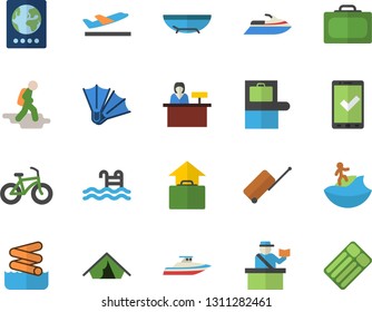 Color flat icon set bicycle flat vector, pool, hike fector, luggage, suitcase, baggage claim, passport control, check in, tent, departure, hand, sea beach, surfing, flippers, aquapark, water scooter