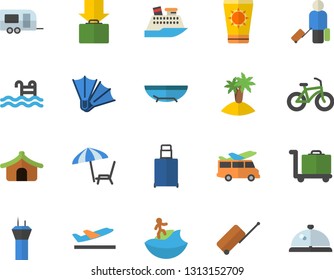 Color flat icon set bicycle flat vector, pool, trailer fector, airport tower, luggage, tent, departure, get, sea beach, chaise lounge, sun protection cream, island, surfing, flippers, trolley