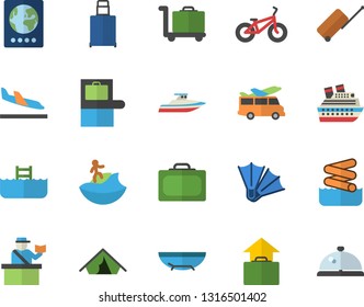 Color flat icon set bicycle flat vector, luggage fector, suitcase, baggage claim, passport control, tent, arrival, hand, sea beach, surfing, flippers, aquapark, pool, trolley, transfer, cruise ship