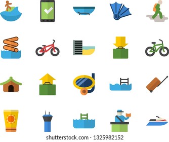Color flat icon set bicycle flat vector, pool, airport tower fector, hike, luggage, passport control, check in, tent, hotel first line, get, hand, sea beach, sun protection cream, surfing, flippers