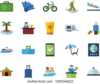 Color flat icon set bicycle flat vector, trailer fector, hike, luggage, suitcase, passport control, check in, tent, arrival, chaise lounge, sun protection cream, island, flippers, pool, cruise ship