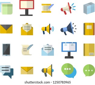 Color flat icon set billboard flat vector, mouthpiece, chat, notebook, sticker, hostory roll, fector, message, envelope, mobile