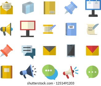 Color flat icon set billboard flat vector, mouthpiece, chat, notebook, sticker, mail, hostory roll, pushpin, message, envelope, mobile