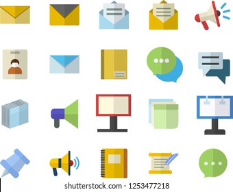 Color flat icon set billboard flat vector, mouthpiece, chat, notebook, sticker, mail, hostory roll, pushpin, indentity card fector, message, envelope