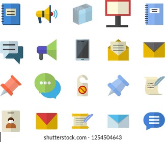 Color flat icon set billboard flat vector, chat, notebook, sticker, mail, hostory roll, pushpin, indentity card fector, mouthpiece, do not disturb, message, envelope, mobile