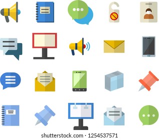 Color flat icon set billboard flat vector, chat, notebook, sticker, pushpin, indentity card fector, mouthpiece, do not disturb, message, envelope, mobile
