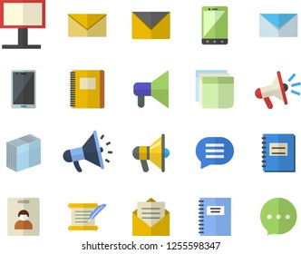 Color flat icon set billboard flat vector, mouthpiece, notebook, sticker, mail, hostory roll, indentity card fector, message, envelope, mobile, chat