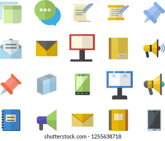 Color flat icon set billboard flat vector, chat, notebook, sticker, hostory roll, pushpin, mouthpiece fector, message, envelope, mobile