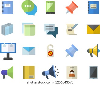 Color flat icon set billboard flat vector, mouthpiece, chat, notebook, sticker, mail, hostory roll, pushpin, indentity card fector, do not disturb, envelope, mobile