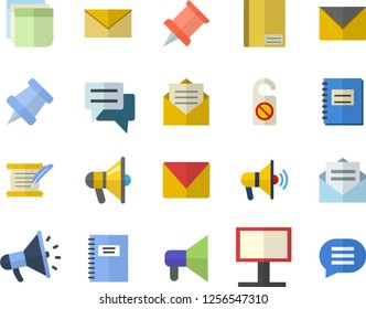 Color flat icon set billboard flat vector, mouthpiece, chat, notebook, sticker, mail, hostory roll, pushpin, fector, do not disturb, message, envelope