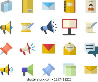 Color flat icon set billboard flat vector, mouthpiece, chat, notebook, sticker, mail, hostory roll, pushpin, indentity card fector, message, envelope