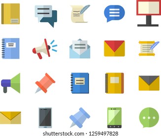 Color flat icon set billboard flat vector, mouthpiece, chat, notebook, mail, hostory roll, pushpin, message, envelope, mobile