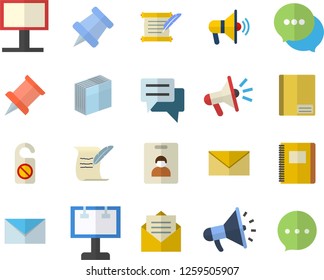 Color flat icon set billboard flat vector, mouthpiece, chat, notebook, sticker, mail, hostory roll, pushpin, indentity card fector, do not disturb, message, envelope