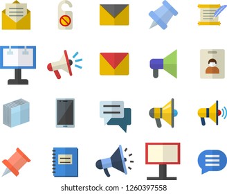 Color flat icon set billboard flat vector, mouthpiece, chat, notebook, sticker, mail, hostory roll, pushpin, indentity card fector, do not disturb, message, envelope, mobile