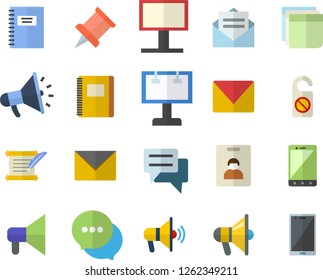 Color flat icon set billboard flat vector, mouthpiece, chat, sticker, mail, hostory roll, notebook, pushpin, indentity card fector, do not disturb, message, envelope, mobile