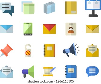 Color flat icon set billboard flat vector, mouthpiece, chat, notebook, sticker, mail, hostory roll, pushpin, indentity card fector, do not disturb, message, envelope, mobile