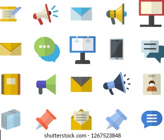 Color flat icon set billboard flat vector, mouthpiece, chat, sticker, mail, hostory roll, notebook, pushpin, indentity card fector, message, envelope, mobile