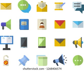 Color flat icon set billboard flat vector, mouthpiece, chat, notebook, sticker, mail, hostory roll, pushpin, indentity card fector, do not disturb, message, envelope, mobile