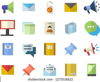 Color flat icon set billboard flat vector, mouthpiece, chat, notebook, sticker, mail, pushpin, indentity card fector, do not disturb, message, envelope, mobile