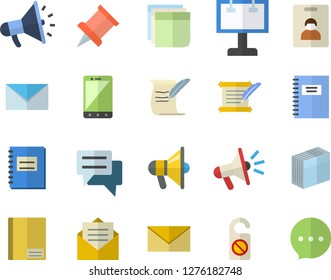 Color flat icon set billboard flat vector, mouthpiece, chat, notebook, sticker, mail, hostory roll, pushpin, indentity card fector, do not disturb, message, envelope, mobile