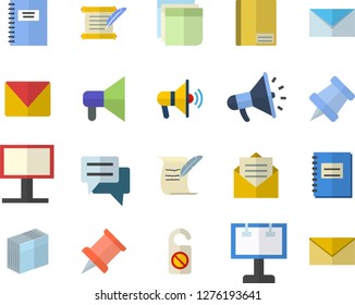 Color flat icon set billboard flat vector, mouthpiece, chat, notebook, sticker, mail, hostory roll, pushpin, fector, do not disturb, message, envelope