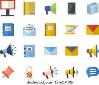 Color flat icon set billboard flat vector, mouthpiece, notebook, sticker, mail, hostory roll, pushpin, fector, do not disturb, message, envelope, mobile, chat