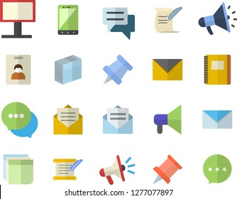 Color flat icon set billboard flat vector, mouthpiece, chat, sticker, mail, hostory roll, notebook, pushpin, indentity card fector, message, envelope, mobile