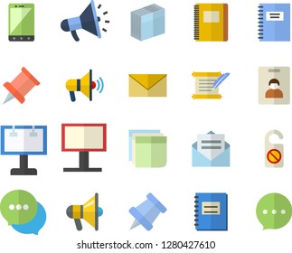 Color flat icon set billboard flat vector, mouthpiece, chat, notebook, sticker, hostory roll, pushpin, indentity card fector, do not disturb, message, envelope, mobile