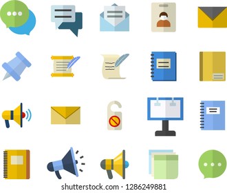 Color flat icon set billboard flat vector, mouthpiece, chat, notebook, sticker, hostory roll, pushpin, indentity card fector, do not disturb, message, envelope