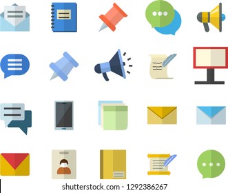 Color flat icon set billboard flat vector, mouthpiece, chat, notebook, sticker, mail, hostory roll, pushpin, indentity card fector, message, envelope, mobile