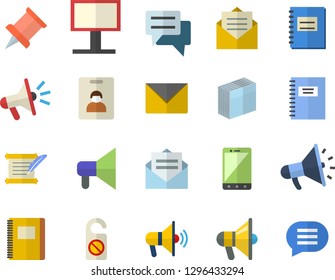 Color flat icon set billboard flat vector, mouthpiece, chat, notebook, sticker, hostory roll, pushpin, indentity card fector, do not disturb, message, envelope, mobile