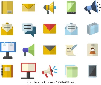 Color flat icon set billboard flat vector, mouthpiece, chat, notebook, sticker, mail, hostory roll, indentity card fector, message, envelope, mobile