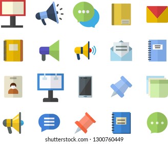 Color flat icon set billboard flat vector, mouthpiece, chat, notebook, sticker, mail, pushpin, indentity card fector, message, mobile