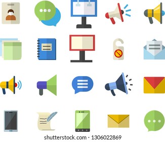 Color flat icon set billboard flat vector, mouthpiece, chat, notebook, sticker, mail, hostory roll, indentity card fector, do not disturb, message, envelope, mobile