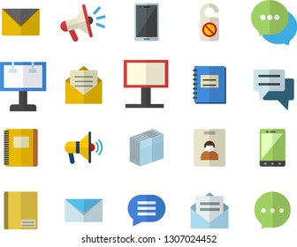 Color flat icon set billboard flat vector, mouthpiece, chat, notebook, sticker, mail, indentity card fector, do not disturb, message, envelope, mobile